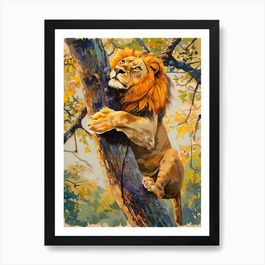 Southwest African Lion Climbing A T Framed Wall Art Poster Canvas Print Picture