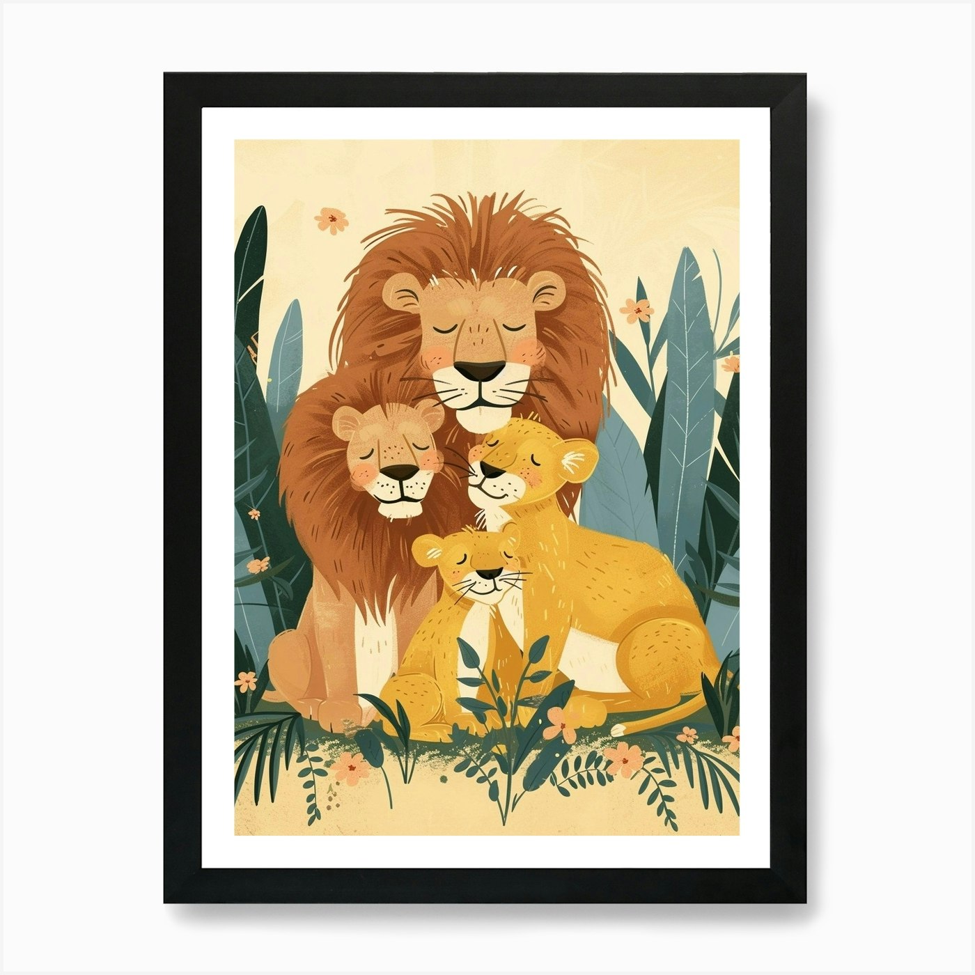Barbary Lion Family Bonding Illutra Framed Wall Art Poster Canvas Print Picture