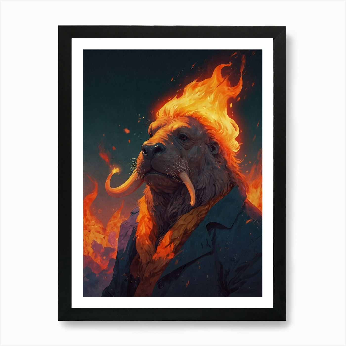 Lion On Fire Art Print Framed Wall Art Poster Canvas Print Picture