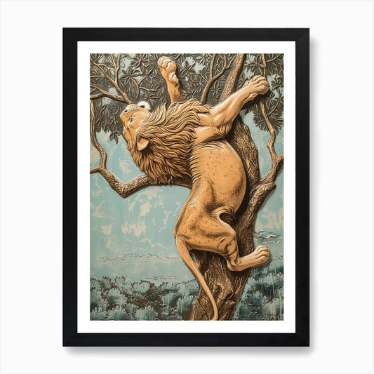 African Lion Relief Illustration Cl Framed Wall Art Poster Canvas Print Picture