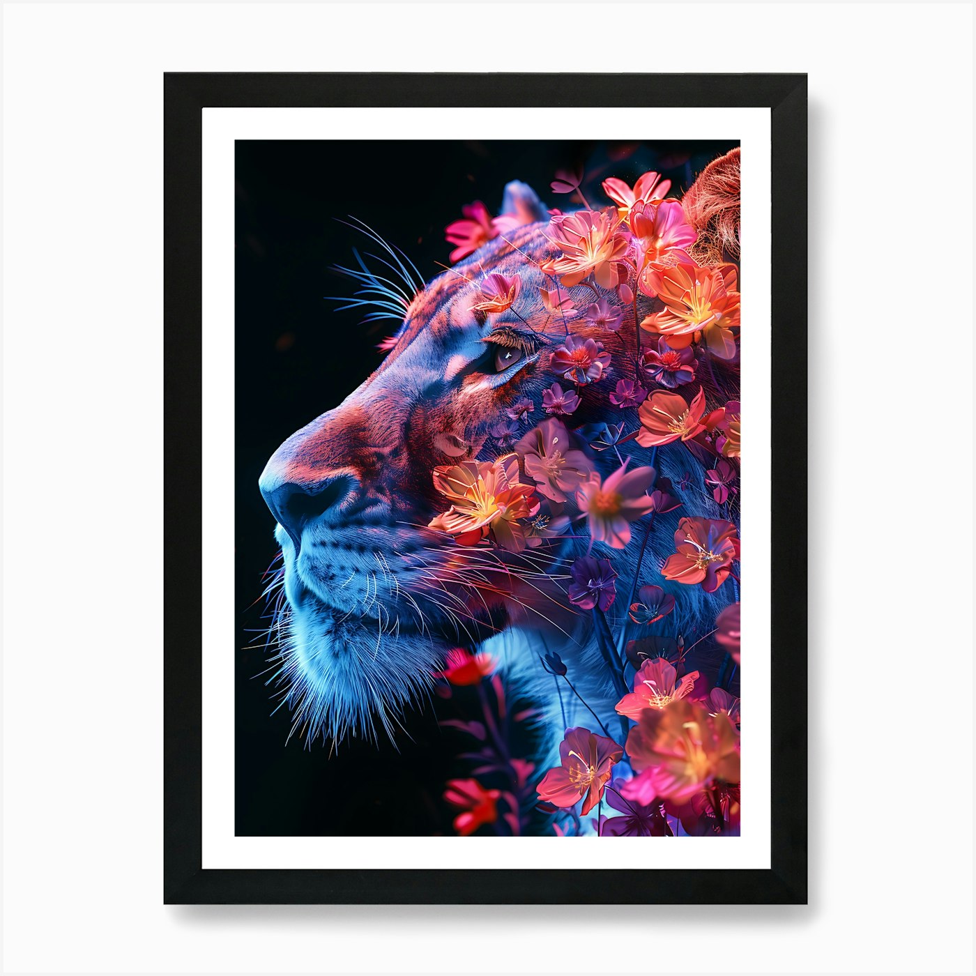 Lion Head With Flowers Art Print Framed Wall Art Poster Canvas Print Picture