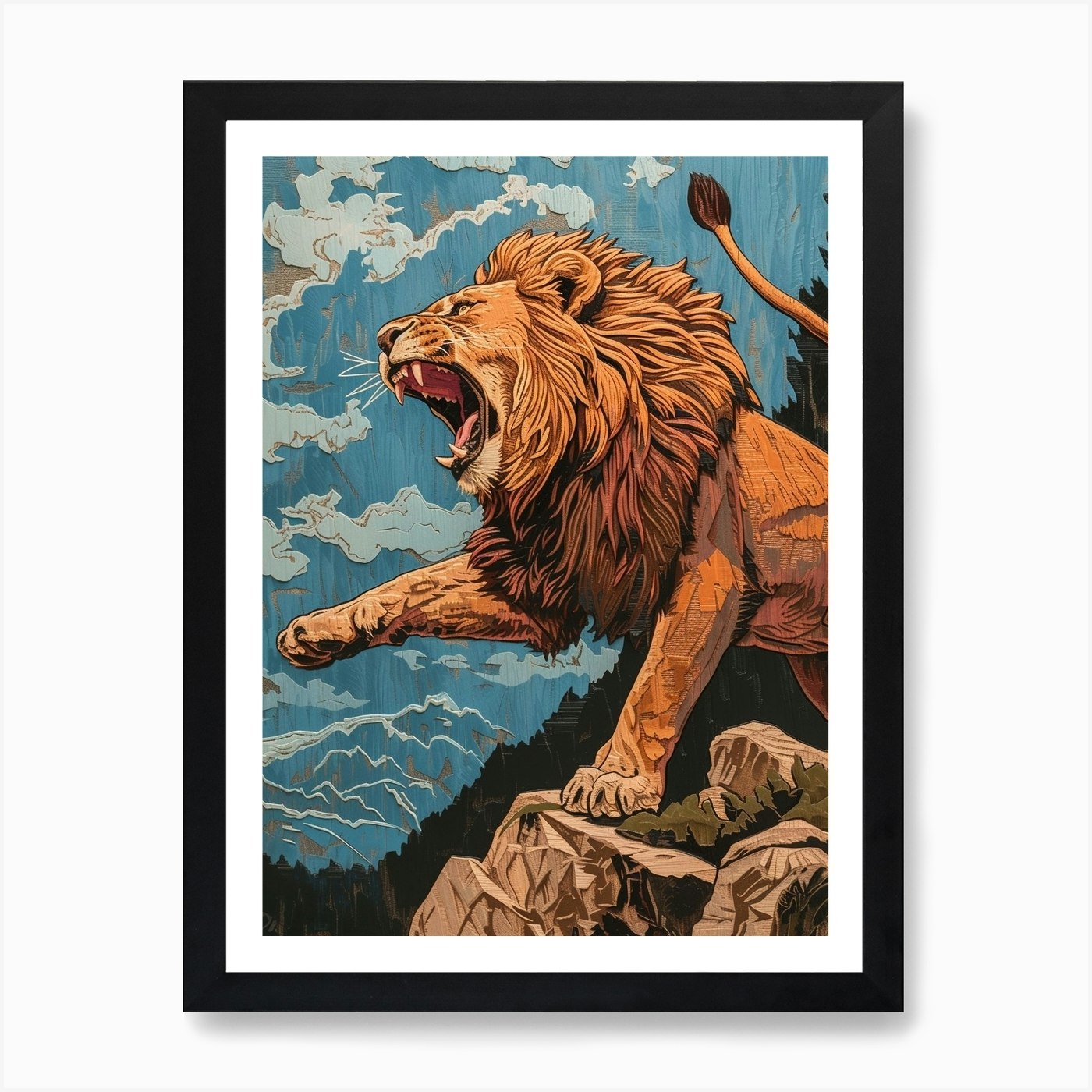 African Lion Relief Illustration Ro Framed Wall Art Poster Canvas Print Picture