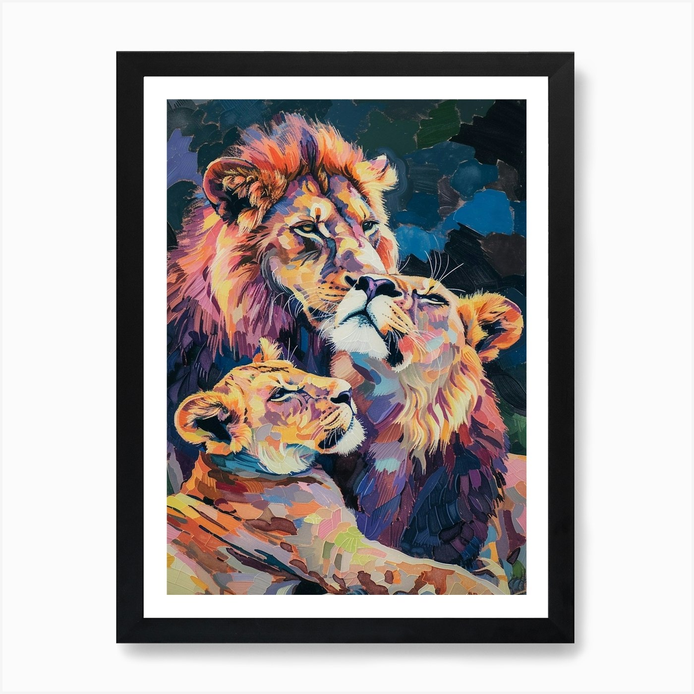 Asiatic Lion Family Bonding Fauvist Framed Wall Art Poster Canvas Print Picture