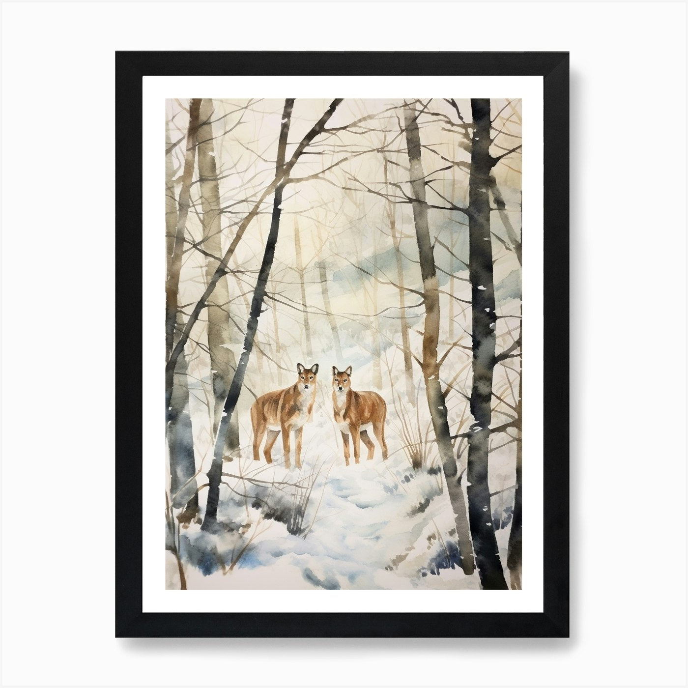 Winter Watercolour Mountain Lion 1  Framed Wall Art Poster Canvas Print Picture