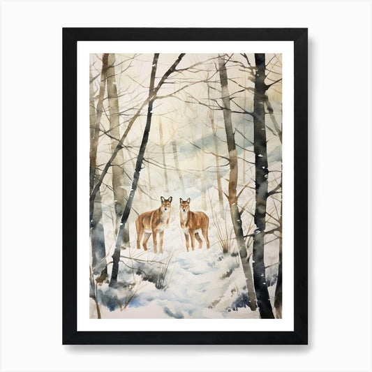 Winter Watercolour Mountain Lion 1  Framed Wall Art Poster Canvas Print Picture