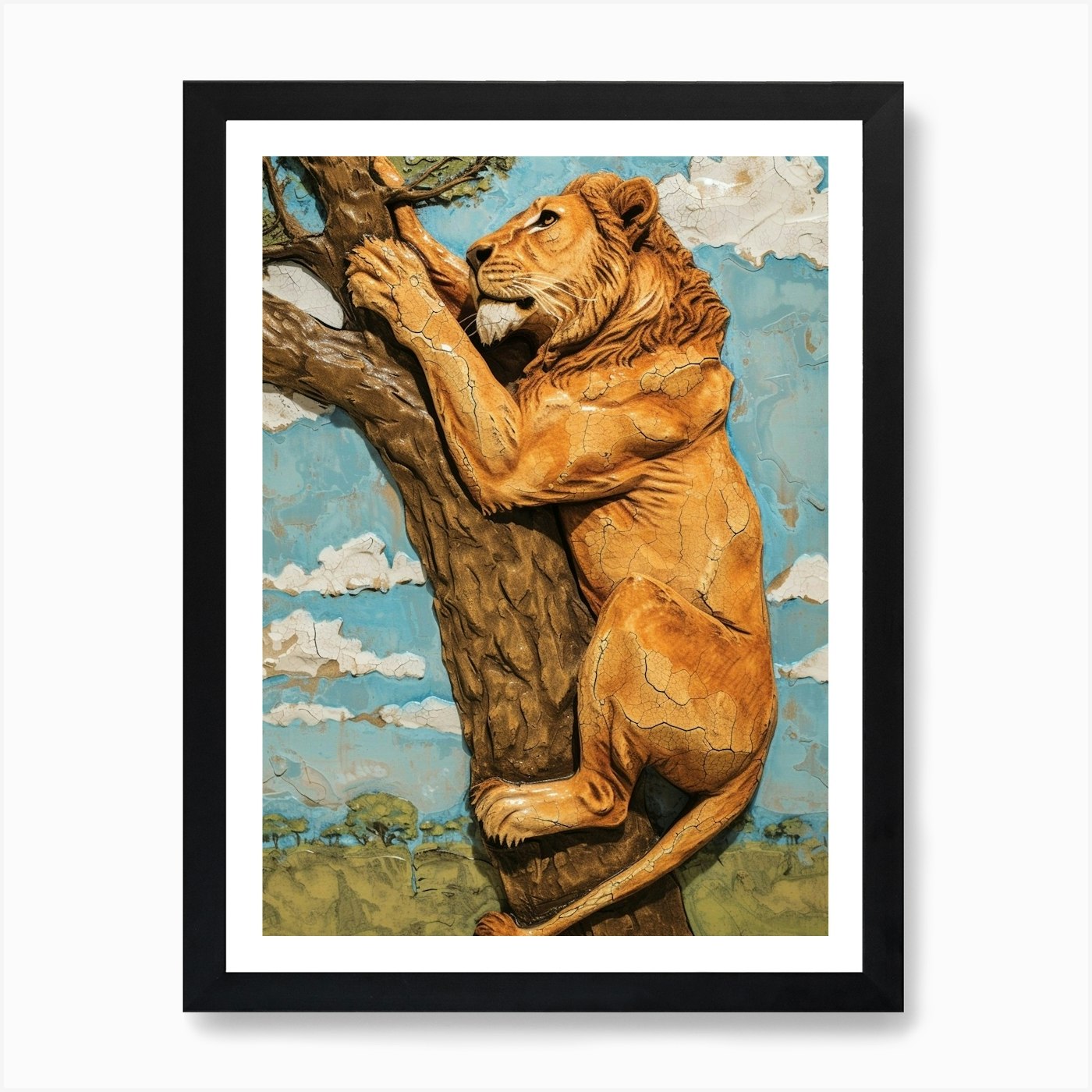 African Lion Relief Illustration Cl Framed Wall Art Poster Canvas Print Picture