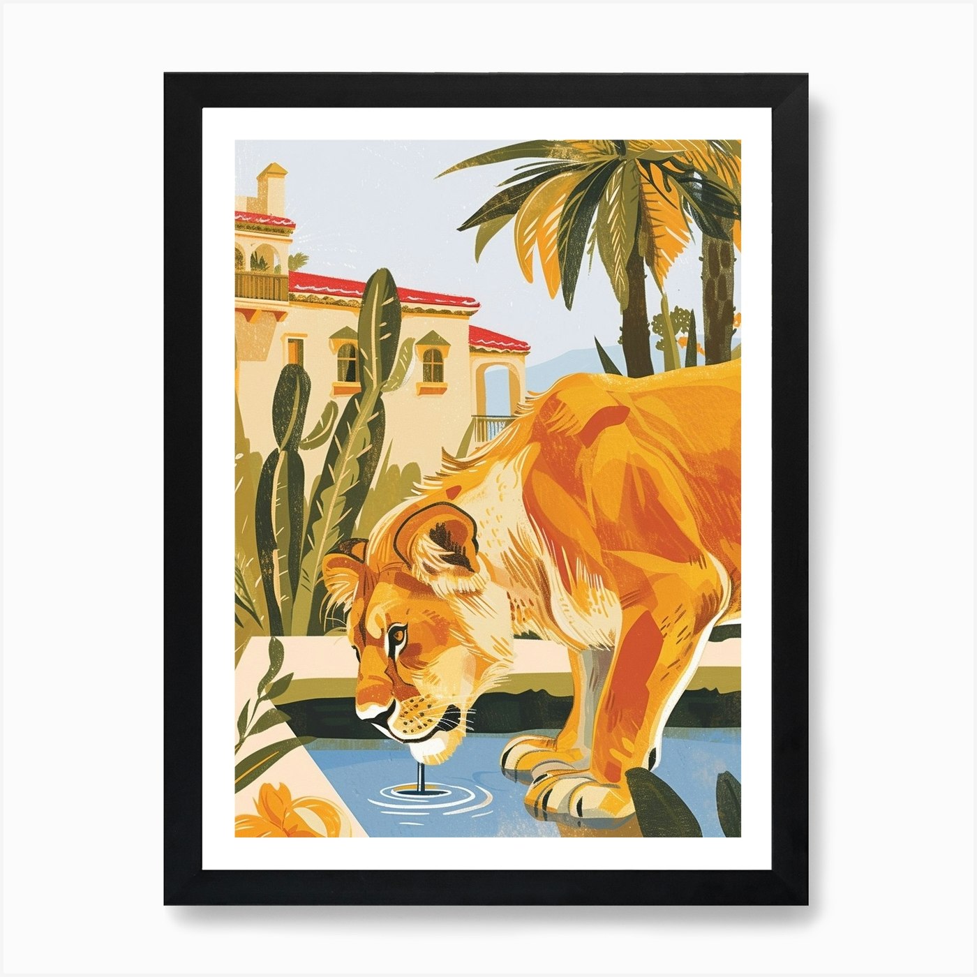 African Lion Drinking From A Wateri Framed Wall Art Poster Canvas Print Picture