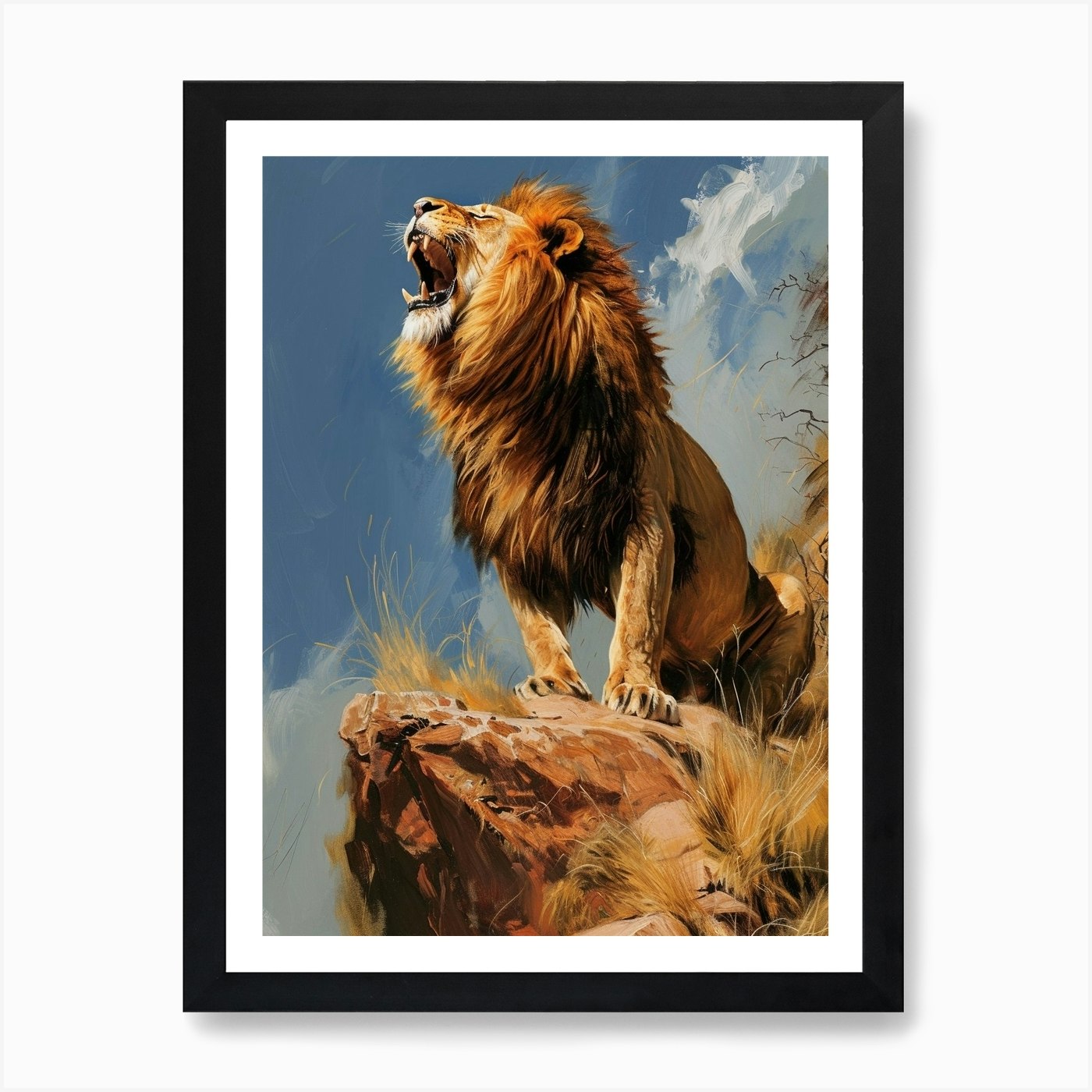Barbary Lion Roaring On A Cliff Acr Framed Wall Art Poster Canvas Print Picture