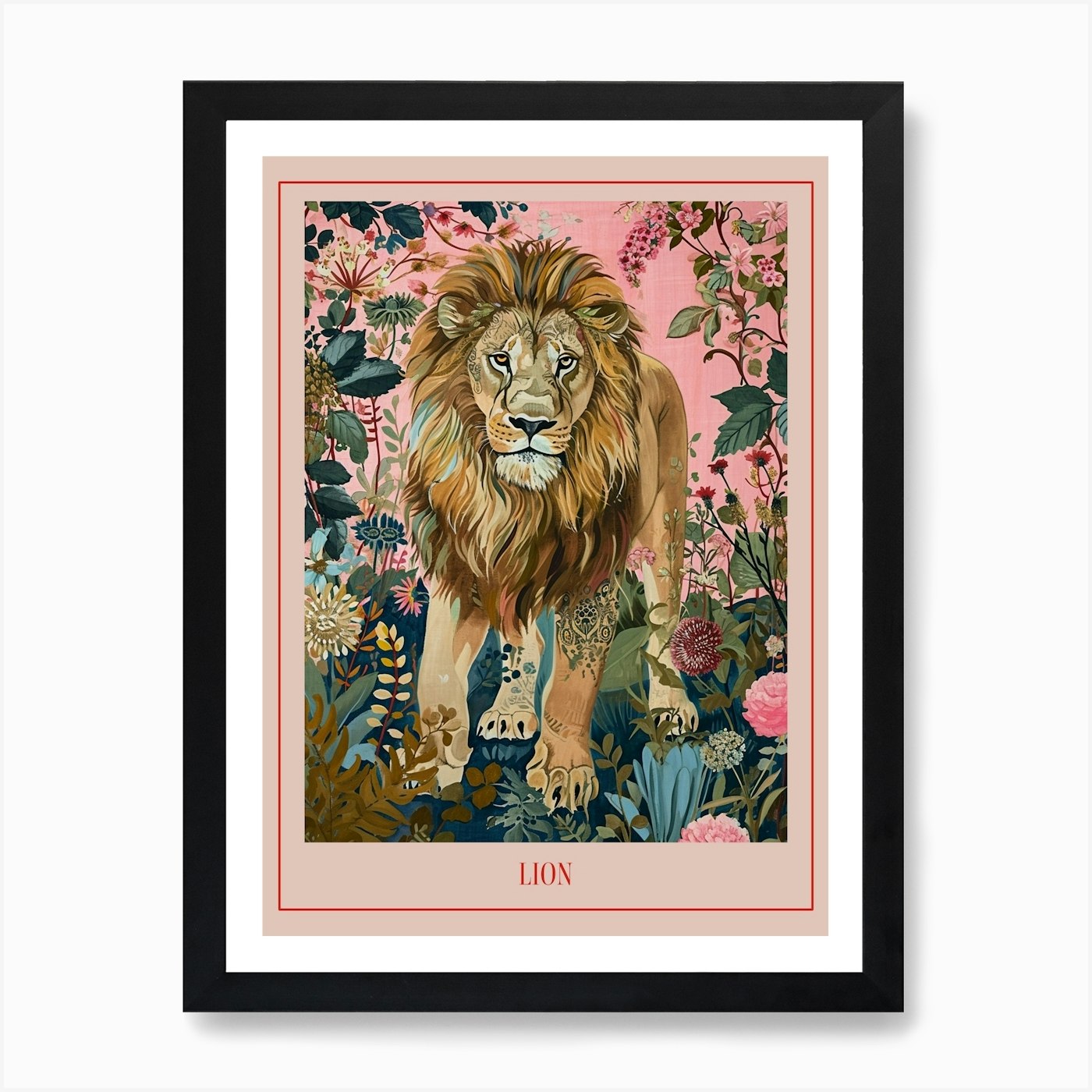 Floral Animal Painting Lion 2 Poste Framed Wall Art Poster Canvas Print Picture