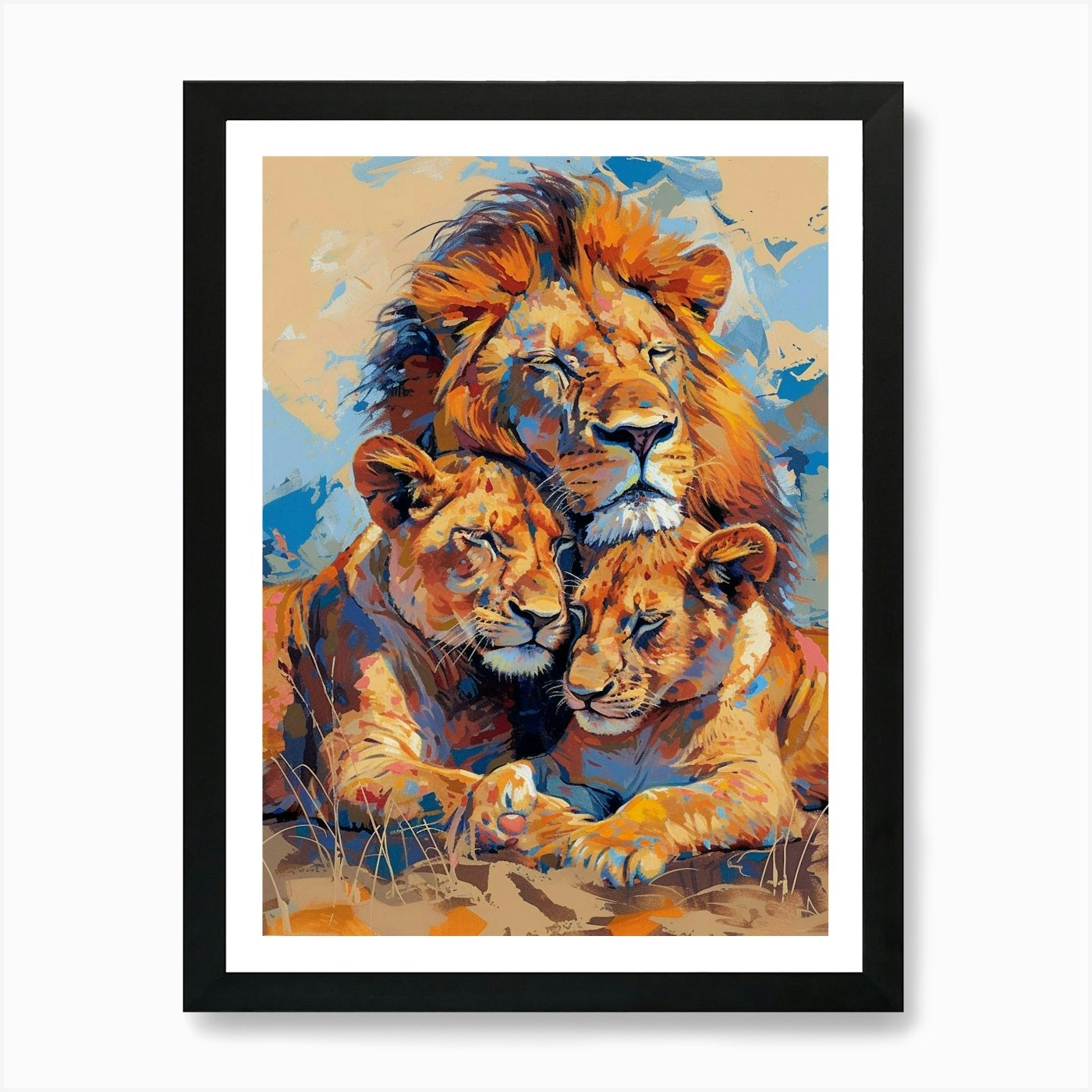 Masai Lion Family Bonding Fauvist P Framed Wall Art Poster Canvas Print Picture