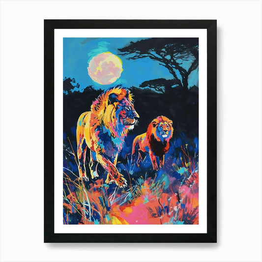 Masai Lion Night Hunt Fauvist Paint Framed Wall Art Poster Canvas Print Picture