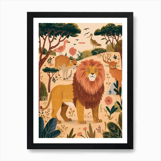 Barbary Lion Interaction Illustrati Framed Wall Art Poster Canvas Print Picture
