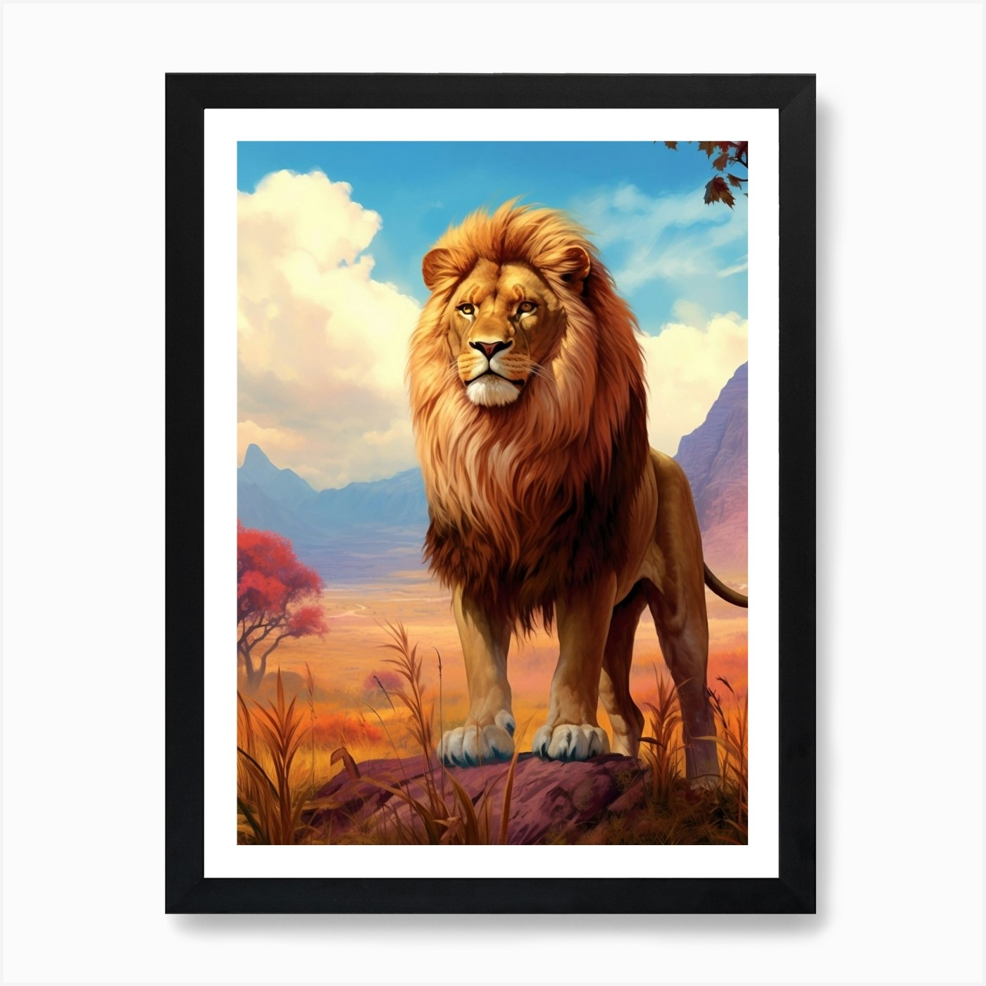 African Lion In The African Savanna Framed Wall Art Poster Canvas Print Picture