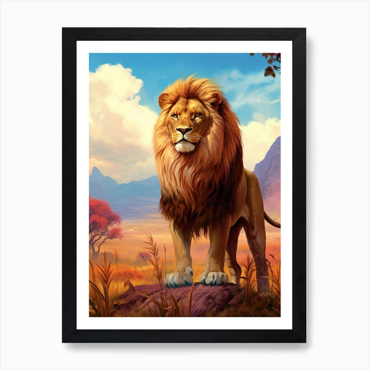 African Lion In The African Savanna Framed Wall Art Poster Canvas Print Picture