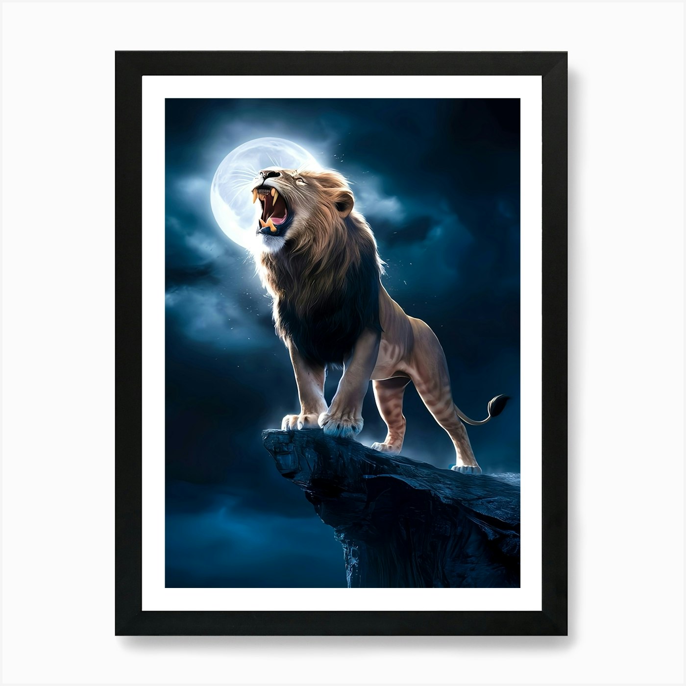Lion Roaring on the Cliff Painting  Framed Wall Art Poster Canvas Print Picture