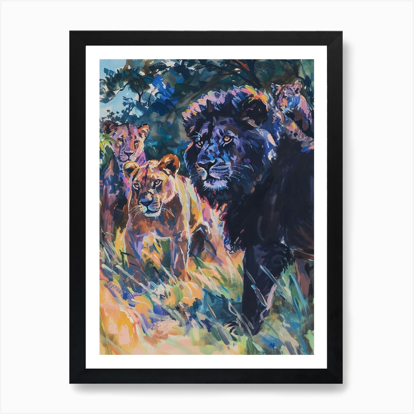 Black Lion Interaction With Other W Framed Wall Art Poster Canvas Print Picture