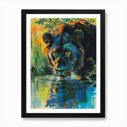 Black Lion Drinking From A Watering Framed Wall Art Poster Canvas Print Picture