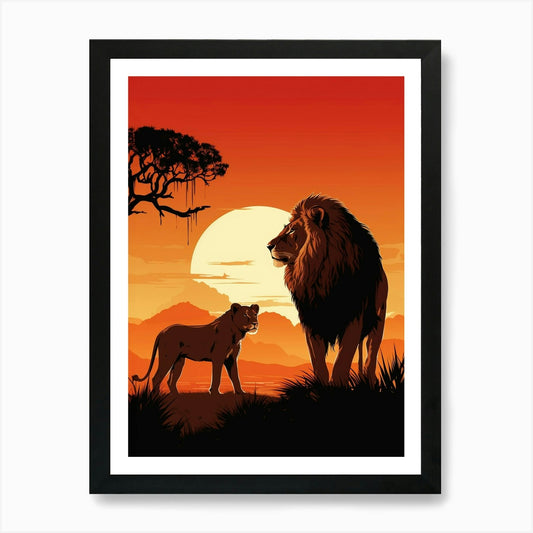 African Lion Sunset Silhouette 4 Ar Framed Wall Art Poster Canvas Print Picture