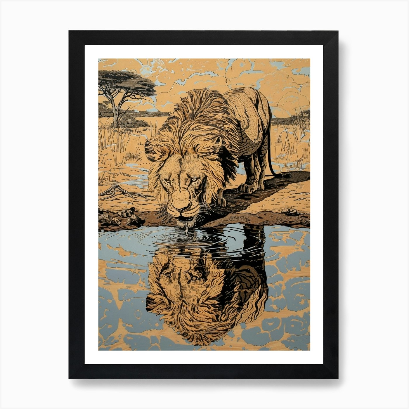 African Lion Relief Illustration Dr Framed Wall Art Poster Canvas Print Picture