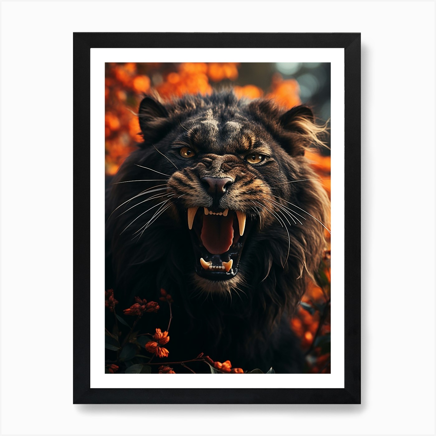 Floral black lion roar Art Print Framed Wall Art Poster Canvas Print Picture