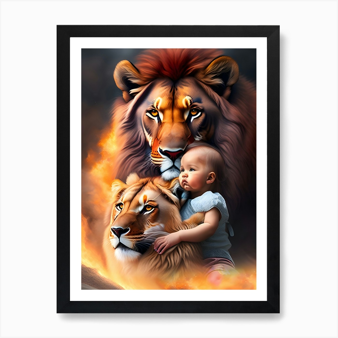 fire lion and baby girl Art Print Framed Wall Art Poster Canvas Print Picture