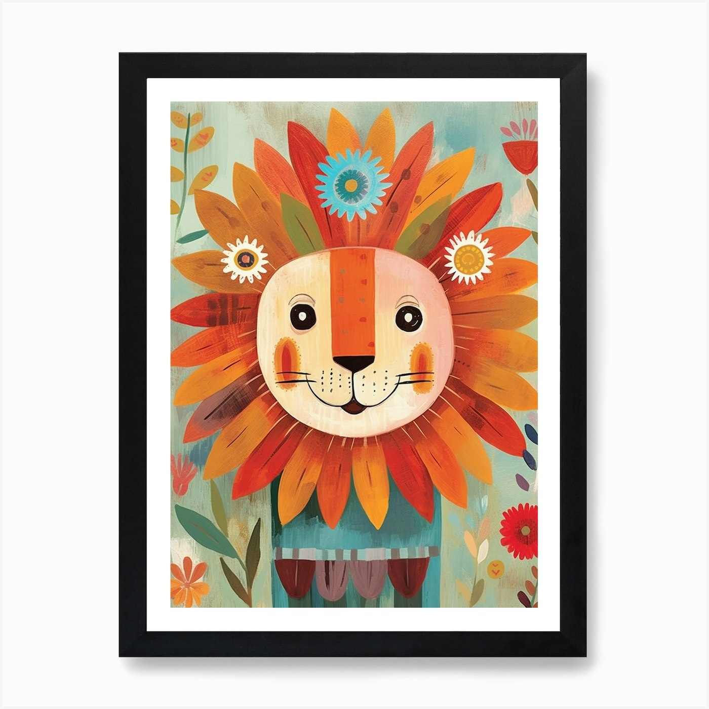 Flower Lion Children's Art Print Framed Wall Art Poster Canvas Print Picture
