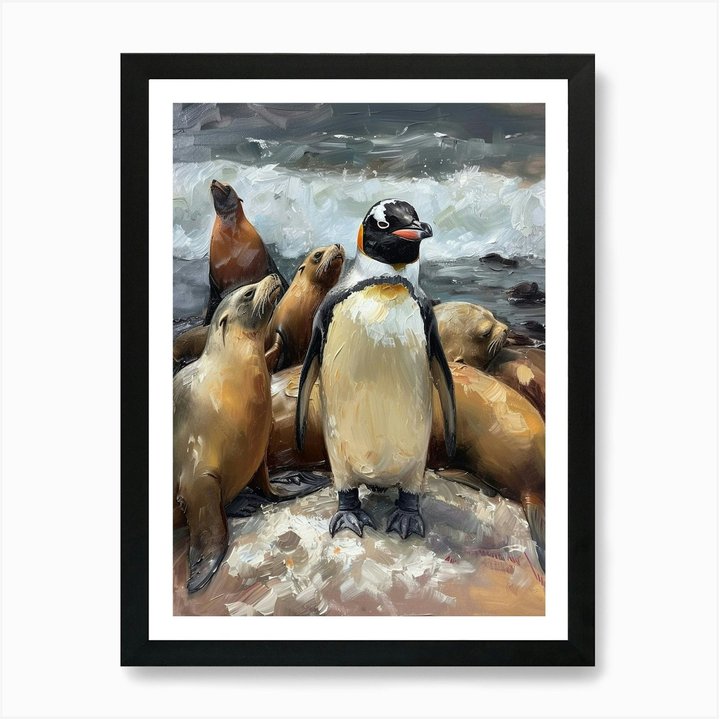 Adlie Penguin Sea Lion Island Oil P Framed Wall Art Poster Canvas Print Picture