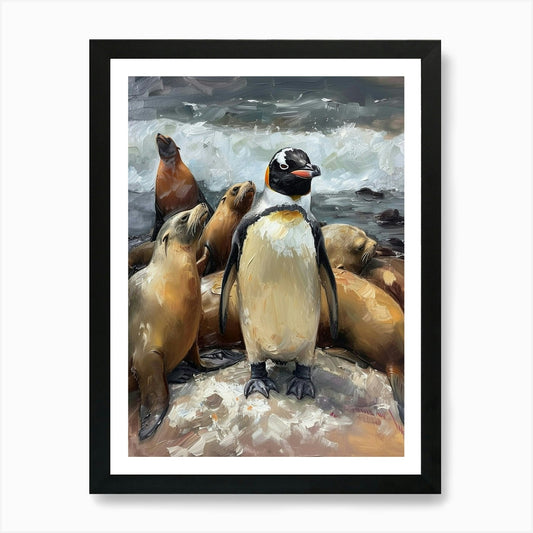 Adlie Penguin Sea Lion Island Oil P Framed Wall Art Poster Canvas Print Picture