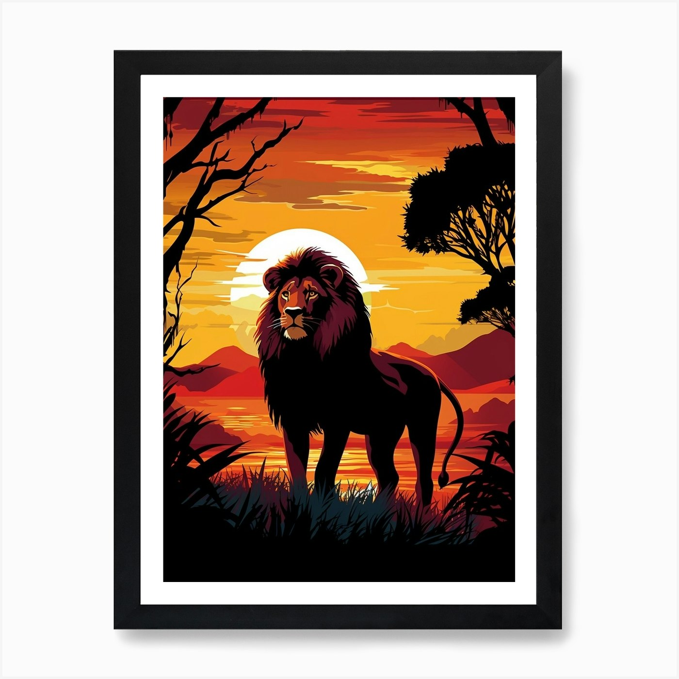 African Lion Sunset Silhouette 1 Ar Framed Wall Art Poster Canvas Print Picture