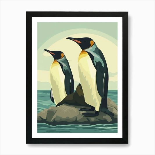 King Penguin Sea Lion Island Minima Framed Wall Art Poster Canvas Print Picture