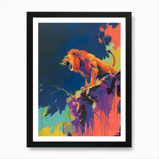 Asiatic Lion Roaring On A Cliff Fau Framed Wall Art Poster Canvas Print Picture