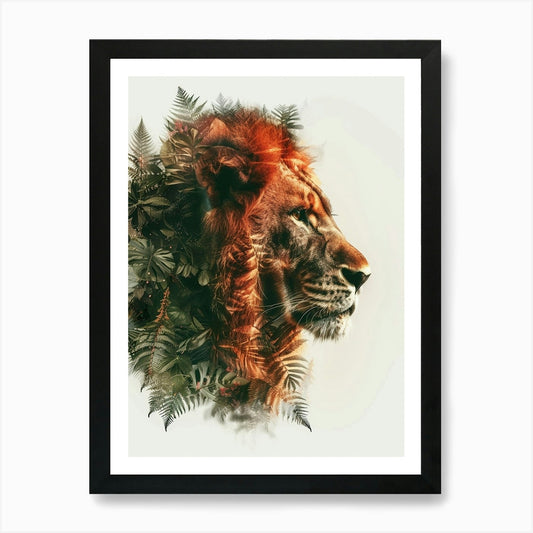 Double Exposure Realistic Lion With Framed Wall Art Poster Canvas Print Picture