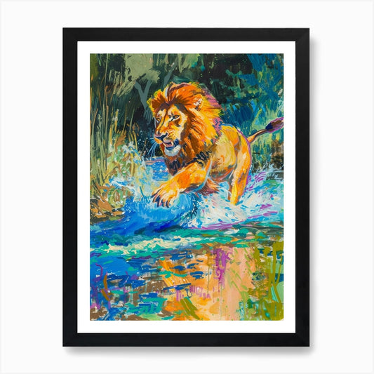 Masai Lion Crossing A River Fauvist Framed Wall Art Poster Canvas Print Picture