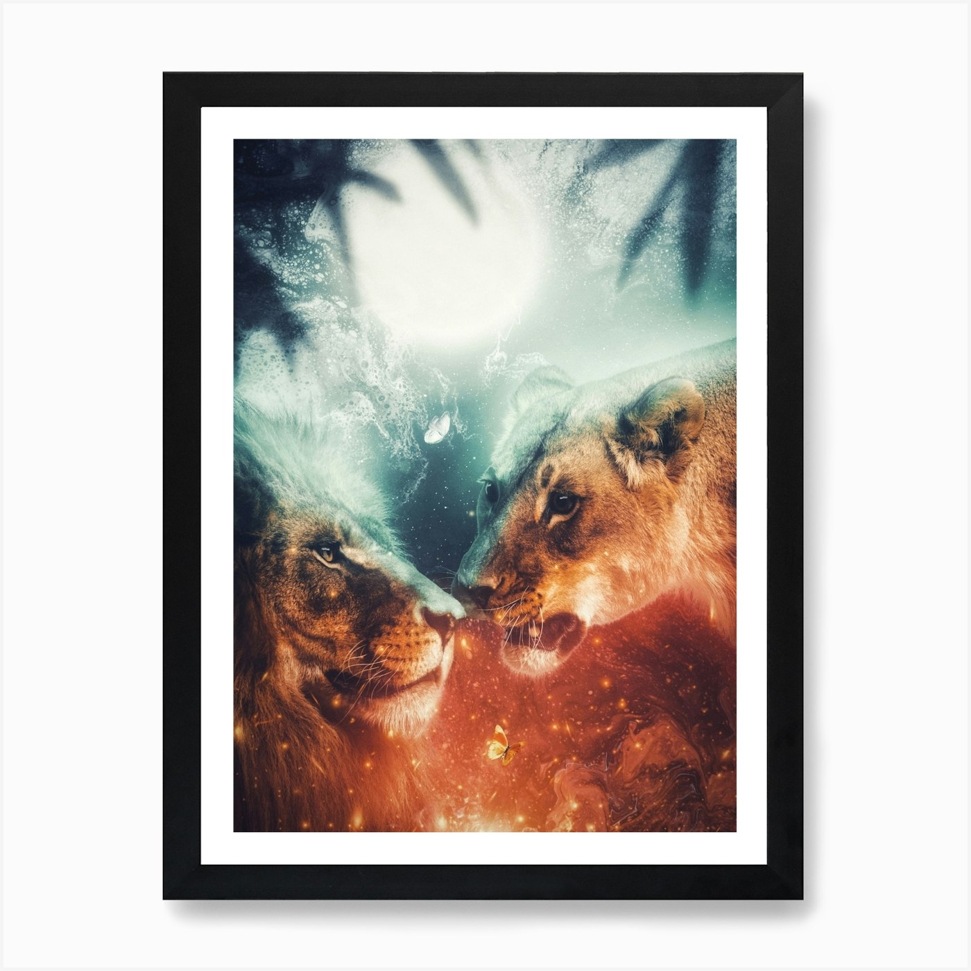 Couple Of Lion In The Jungle Art Pr Framed Wall Art Poster Canvas Print Picture