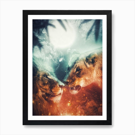 Couple Of Lion In The Jungle Art Pr Framed Wall Art Poster Canvas Print Picture