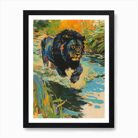 Black Lion Crossing A River Fauvist Framed Wall Art Poster Canvas Print Picture