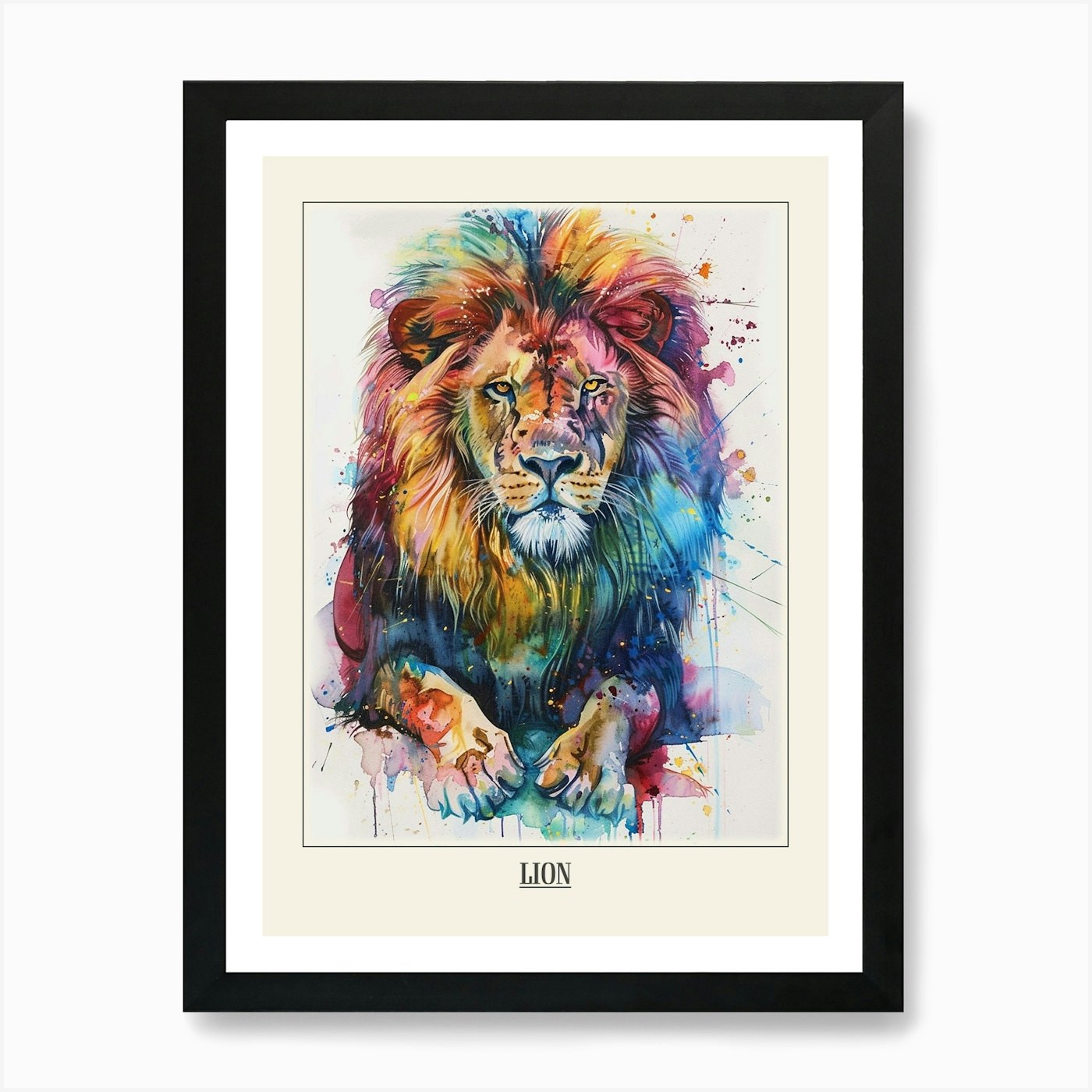 Lion Colourful Watercolour 3 Poster Framed Wall Art Poster Canvas Print Picture