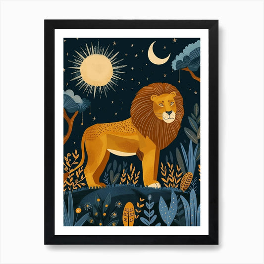 African Lion Night Hunt Illustratio Framed Wall Art Poster Canvas Print Picture