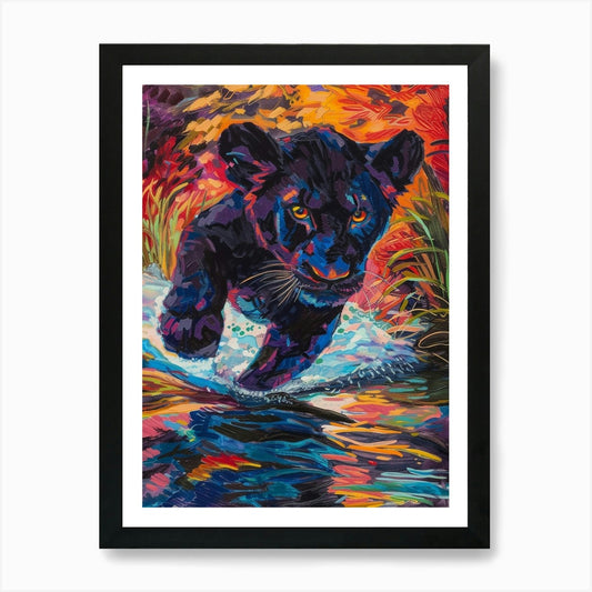 Black Lion Crossing A River Fauvist Framed Wall Art Poster Canvas Print Picture
