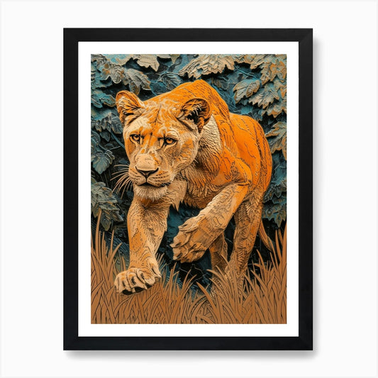 African Lion Relief Illustration Li Framed Wall Art Poster Canvas Print Picture