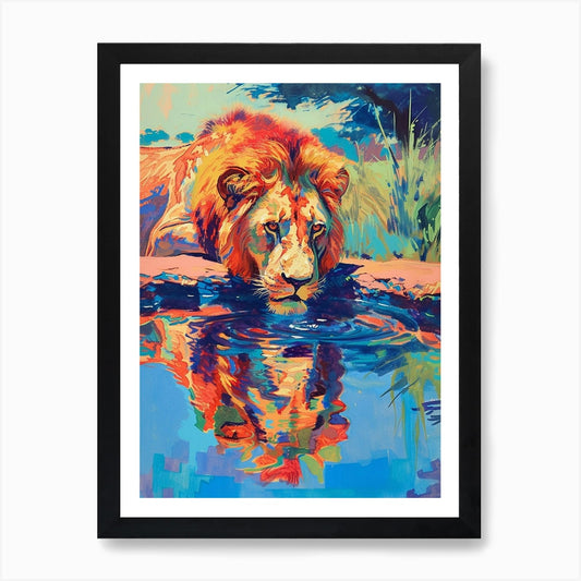 Masai Lion Drinking From A Watering Framed Wall Art Poster Canvas Print Picture