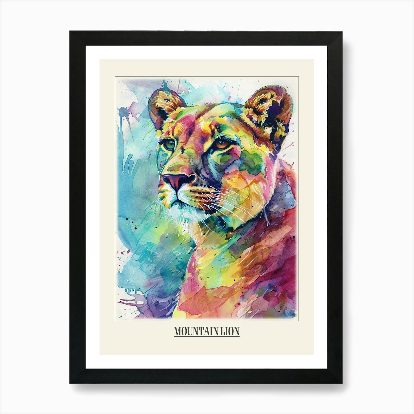 Mountain Lion Colourful Watercolour Framed Wall Art Poster Canvas Print Picture