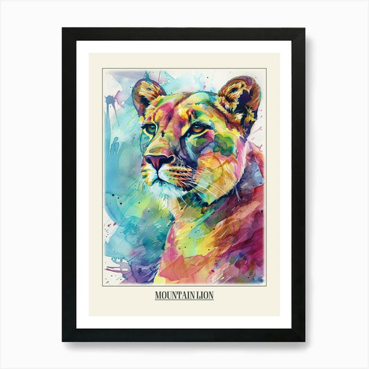 Mountain Lion Colourful Watercolour Framed Wall Art Poster Canvas Print Picture