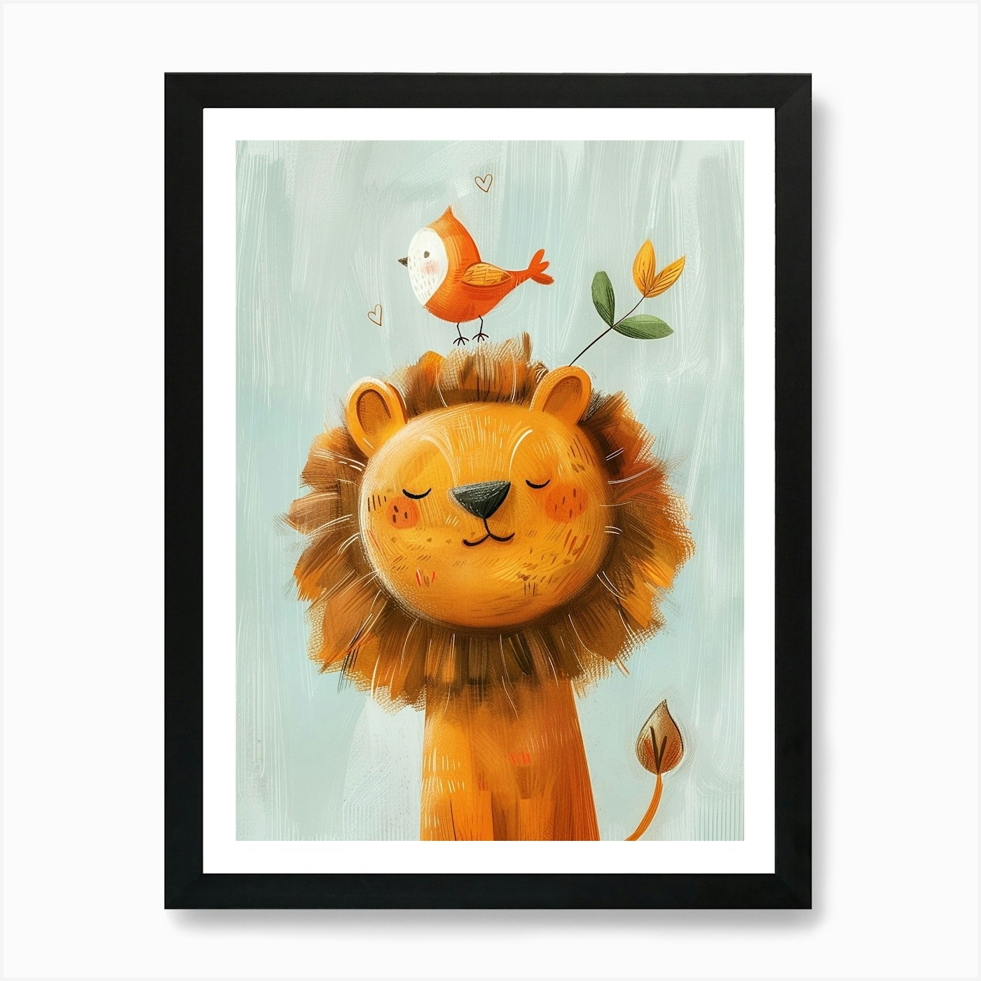 Small Joyful Lion With A Bird On It Framed Wall Art Poster Canvas Print Picture