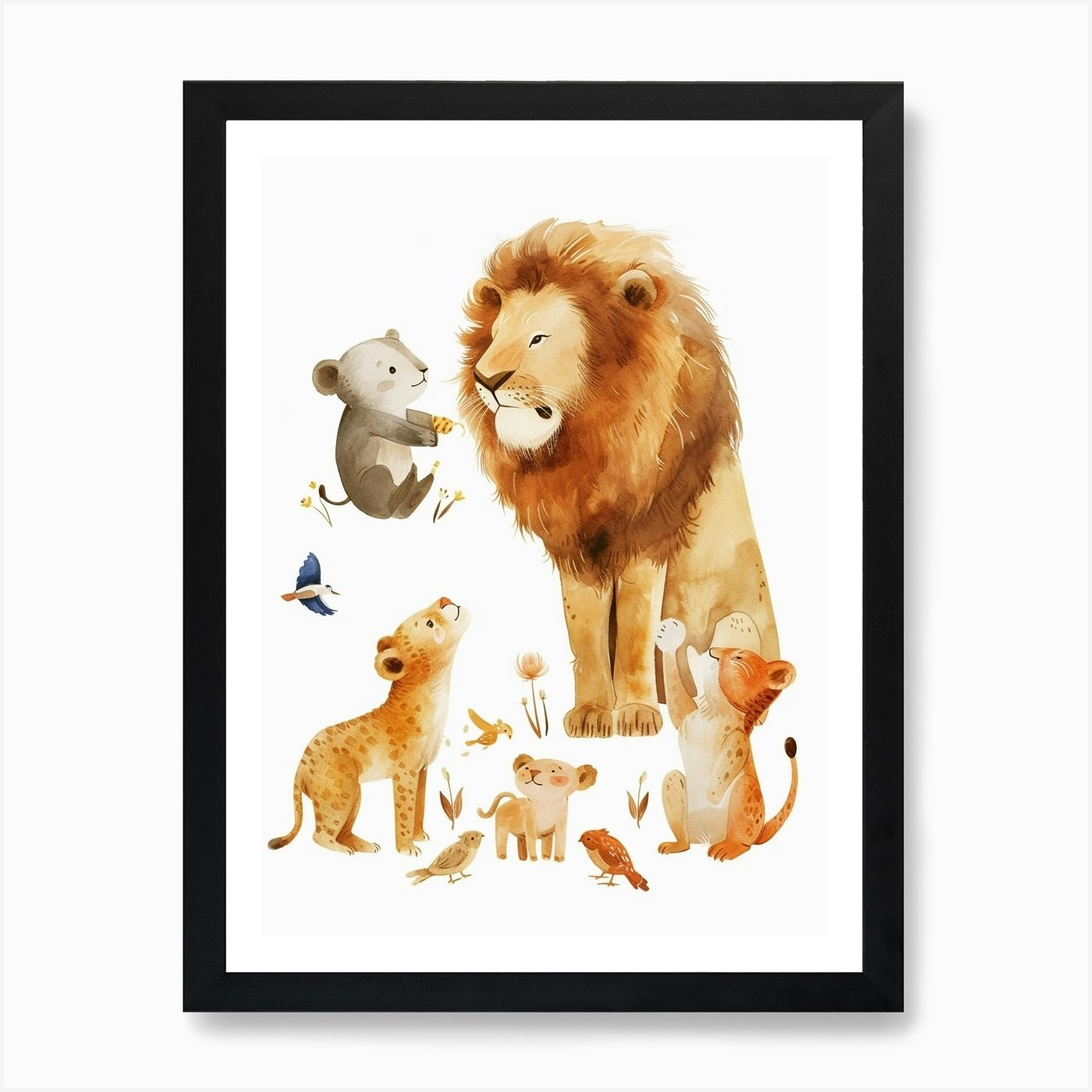 African Lion Interaction With Other Framed Wall Art Poster Canvas Print Picture