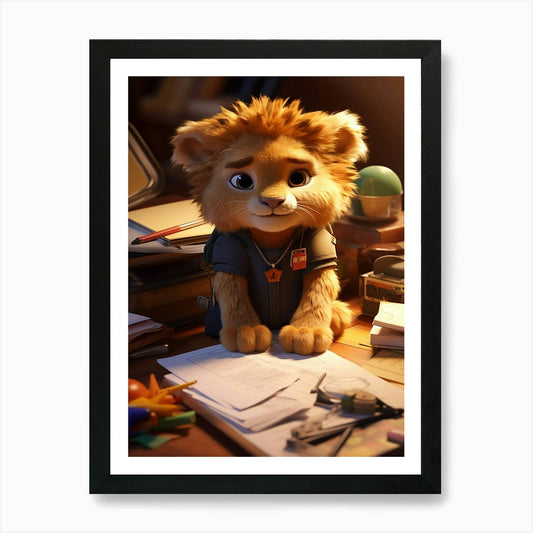 Adorable Lion's Learning Adventure  Framed Wall Art Poster Canvas Print Picture