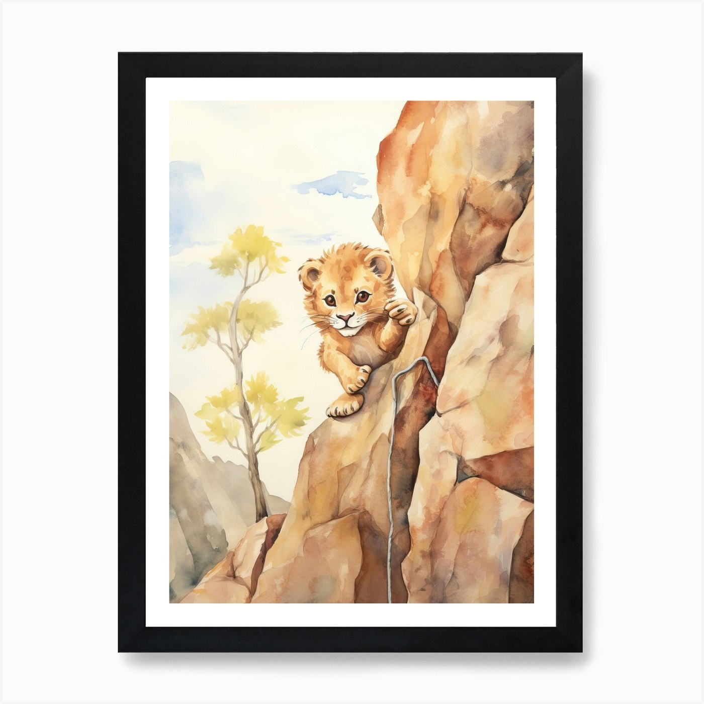 Rock Climbing Watercolour Lion Art  Framed Wall Art Poster Canvas Print Picture