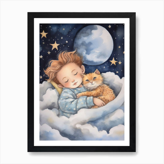 Boy With Lion Cub Art Print Framed Wall Art Poster Canvas Print Picture