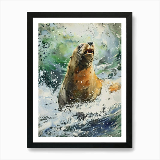 Sea Lion Pastel Watercolour 4 Art P Framed Wall Art Poster Canvas Print Picture