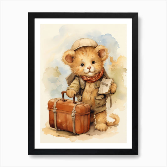 Traveling Watercolour Lion Art Pain Framed Wall Art Poster Canvas Print Picture